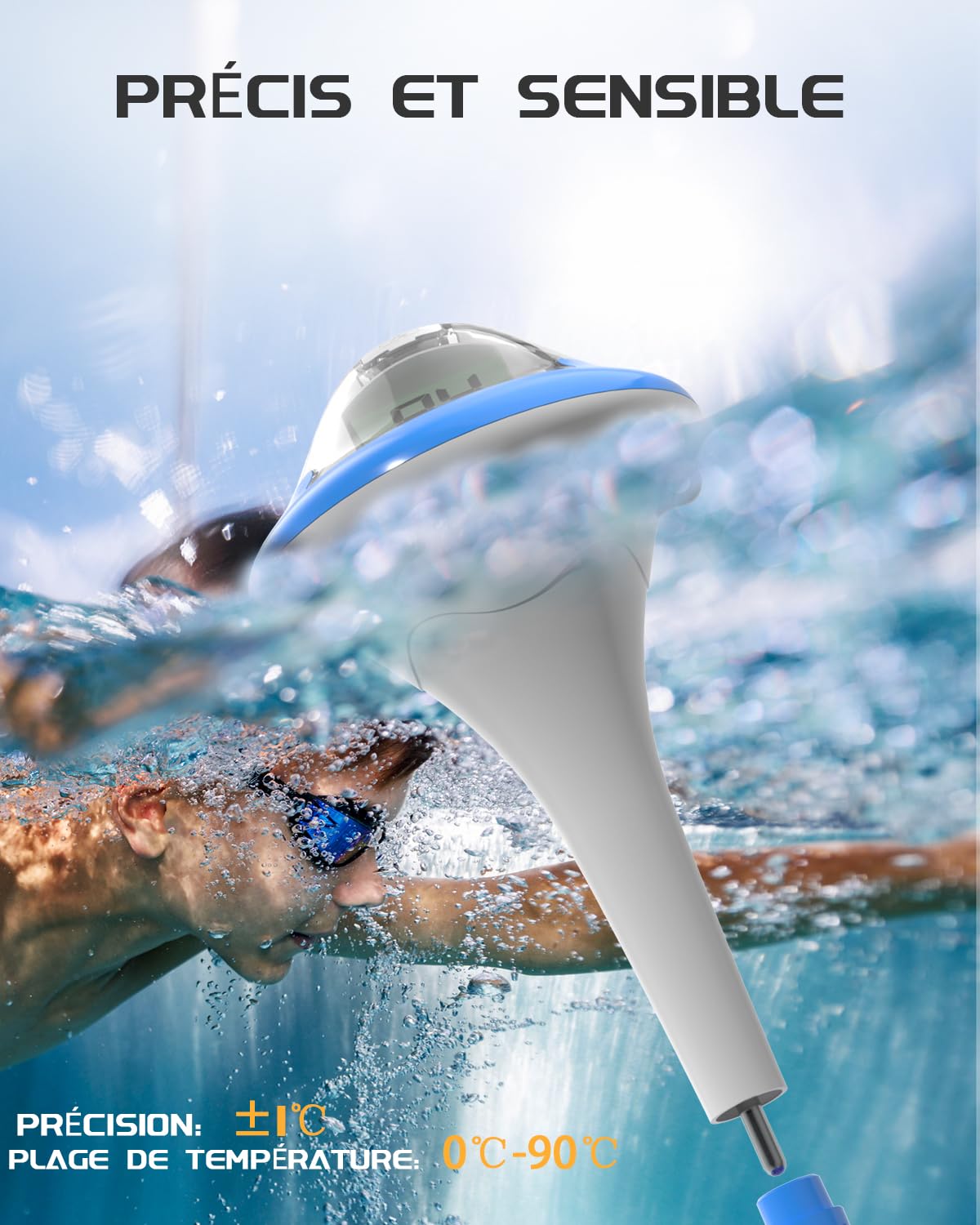 BALDR Pool Thermometer Funk, Wiederaufladbares Poolthermometer schwimmend mit zwei Digital Bildschirmen und großen Ziffern für Schwimmbecken, Whirlpool, heiße Quelle, Aquarium (Blau)