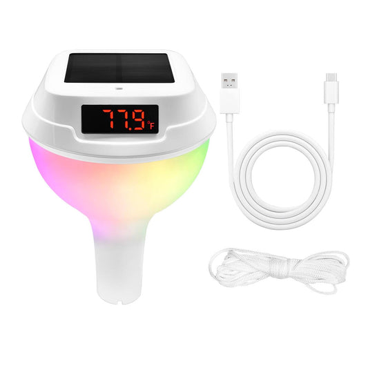 Homcoice Solar Pool Thermometer mit 2200mAh batterie und Typ-C-Anschluss, IP68 wasserdichtes Schwimmende Thermometer mit Abschleppseil, RGB Umgebungslicht, genaue Temperaturüberwachung Wasser
