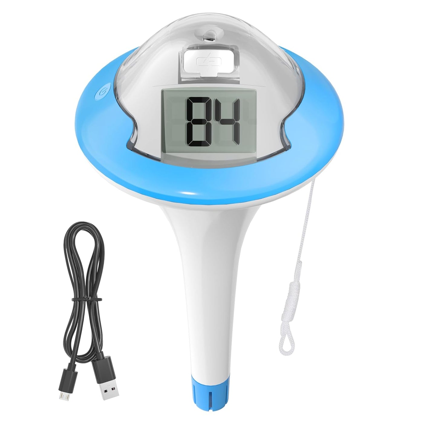 BALDR Pool Thermometer Funk, Wiederaufladbares Poolthermometer schwimmend mit zwei Digital Bildschirmen und großen Ziffern für Schwimmbecken, Whirlpool, heiße Quelle, Aquarium (Blau)