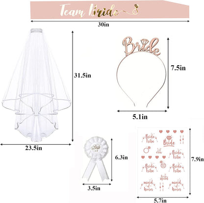 Deko Schärpe Set, 15PCS Braut to Be und Team Bride Schärpe Set mit 10 Team Bride Schärpe, 1 Braut Schärpe, Schleier, Abzeichen, Tiara, Tattoos, Accessoires Frauen für Junggesellinnenabschied