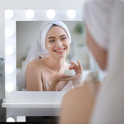 Meidom Hollywood -Spiegel mit Beleuchtung, 80 x 67 cm, mit 14 Lampen, abnehmbar, von USB, 6500 K, Dimmen, ein großer Spiegel für Make -up mit Beleuchtung, Ober- oder Wandgriff, weiß