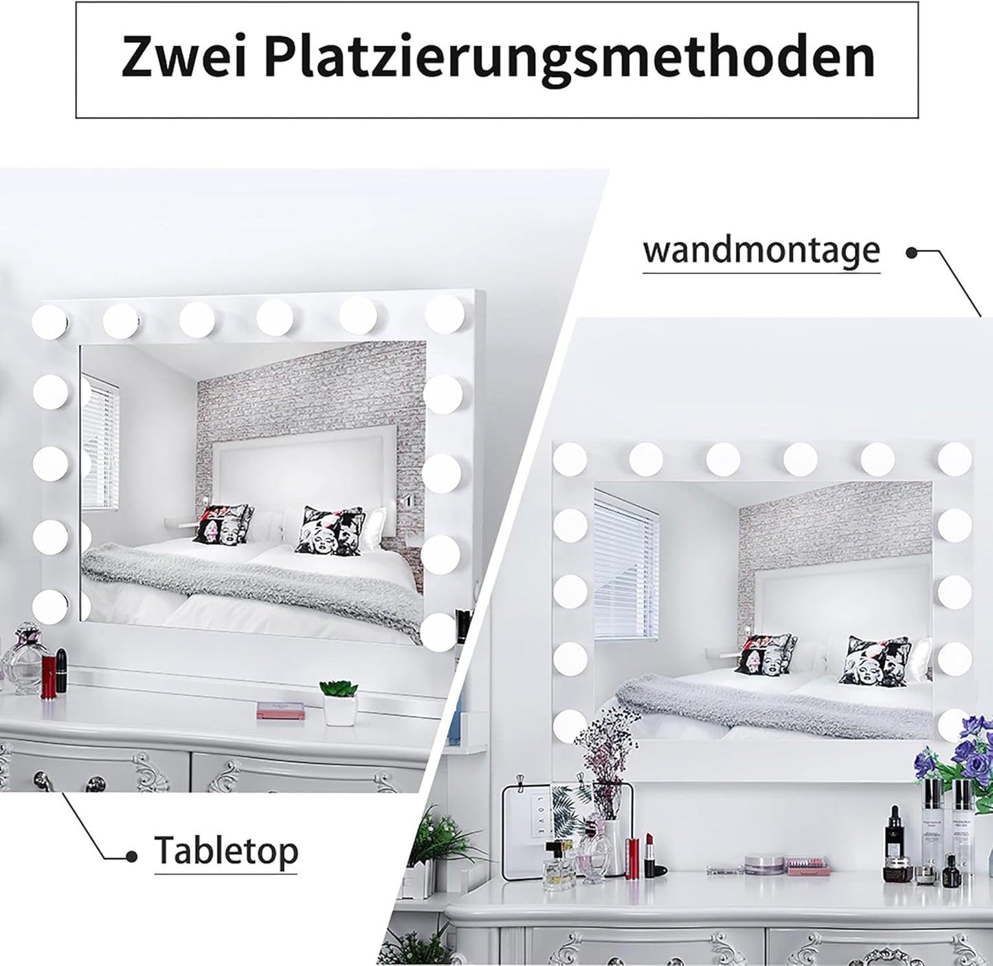 Meidom Hollywood -Spiegel mit Beleuchtung, 80 x 67 cm, mit 14 Lampen, abnehmbar, von USB, 6500 K, Dimmen, ein großer Spiegel für Make -up mit Beleuchtung, Ober- oder Wandgriff, weiß
