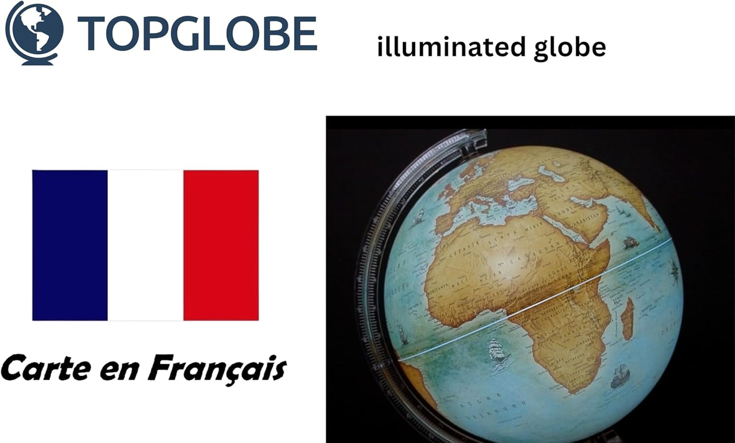 Topglobe TOPGLOBE Beleuchteter Globus 20 cm – französische Karte – moderne politische Globe – Dekoration für Bildung/Geographie/Büro