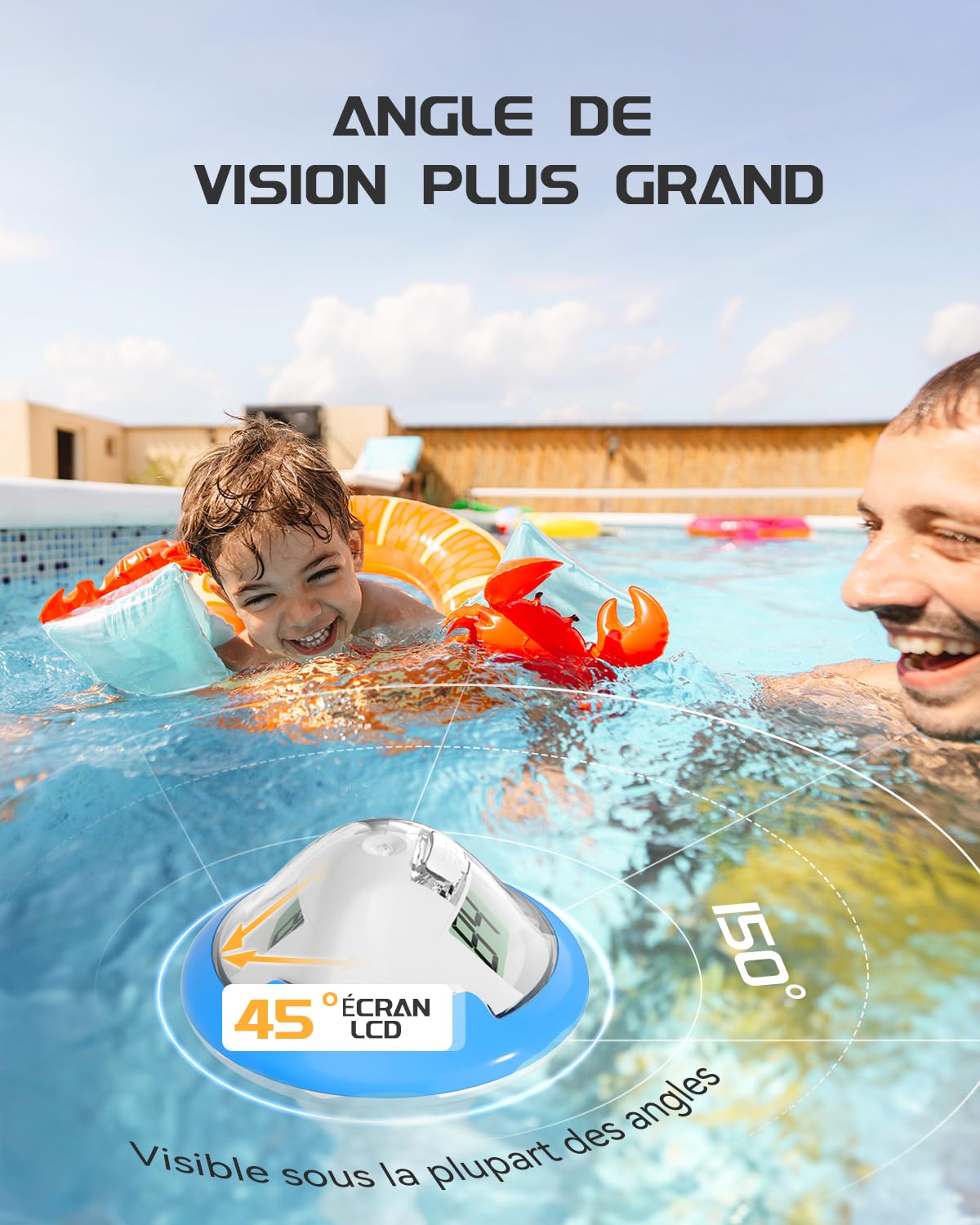 BALDR Pool Thermometer Funk, Wiederaufladbares Poolthermometer schwimmend mit zwei Digital Bildschirmen und großen Ziffern für Schwimmbecken, Whirlpool, heiße Quelle, Aquarium (Blau)