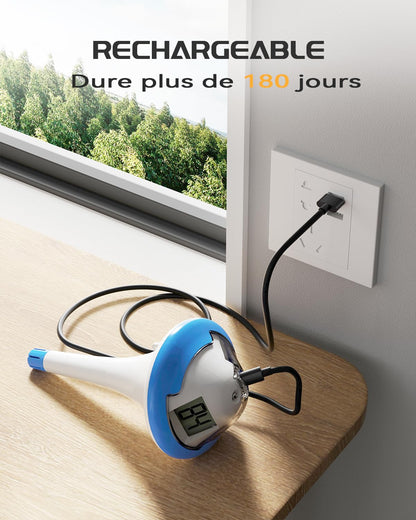 BALDR Pool Thermometer Funk, Wiederaufladbares Poolthermometer schwimmend mit zwei Digital Bildschirmen und großen Ziffern für Schwimmbecken, Whirlpool, heiße Quelle, Aquarium (Blau)