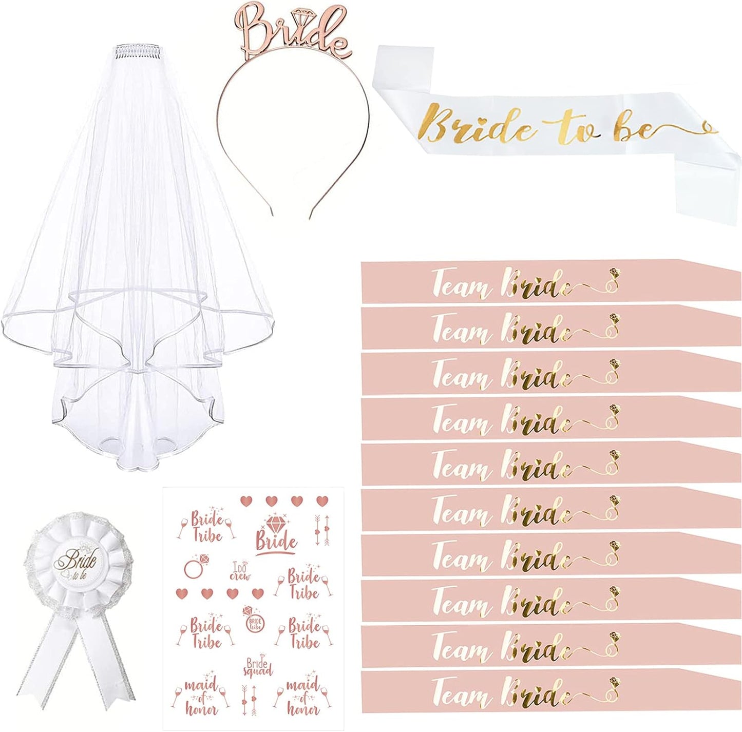 Deko Schärpe Set, 15PCS Braut to Be und Team Bride Schärpe Set mit 10 Team Bride Schärpe, 1 Braut Schärpe, Schleier, Abzeichen, Tiara, Tattoos, Accessoires Frauen für Junggesellinnenabschied