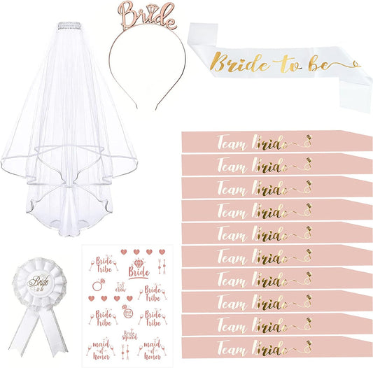 Deko Schärpe Set, 15PCS Braut to Be und Team Bride Schärpe Set mit 10 Team Bride Schärpe, 1 Braut Schärpe, Schleier, Abzeichen, Tiara, Tattoos, Accessoires Frauen für Junggesellinnenabschied