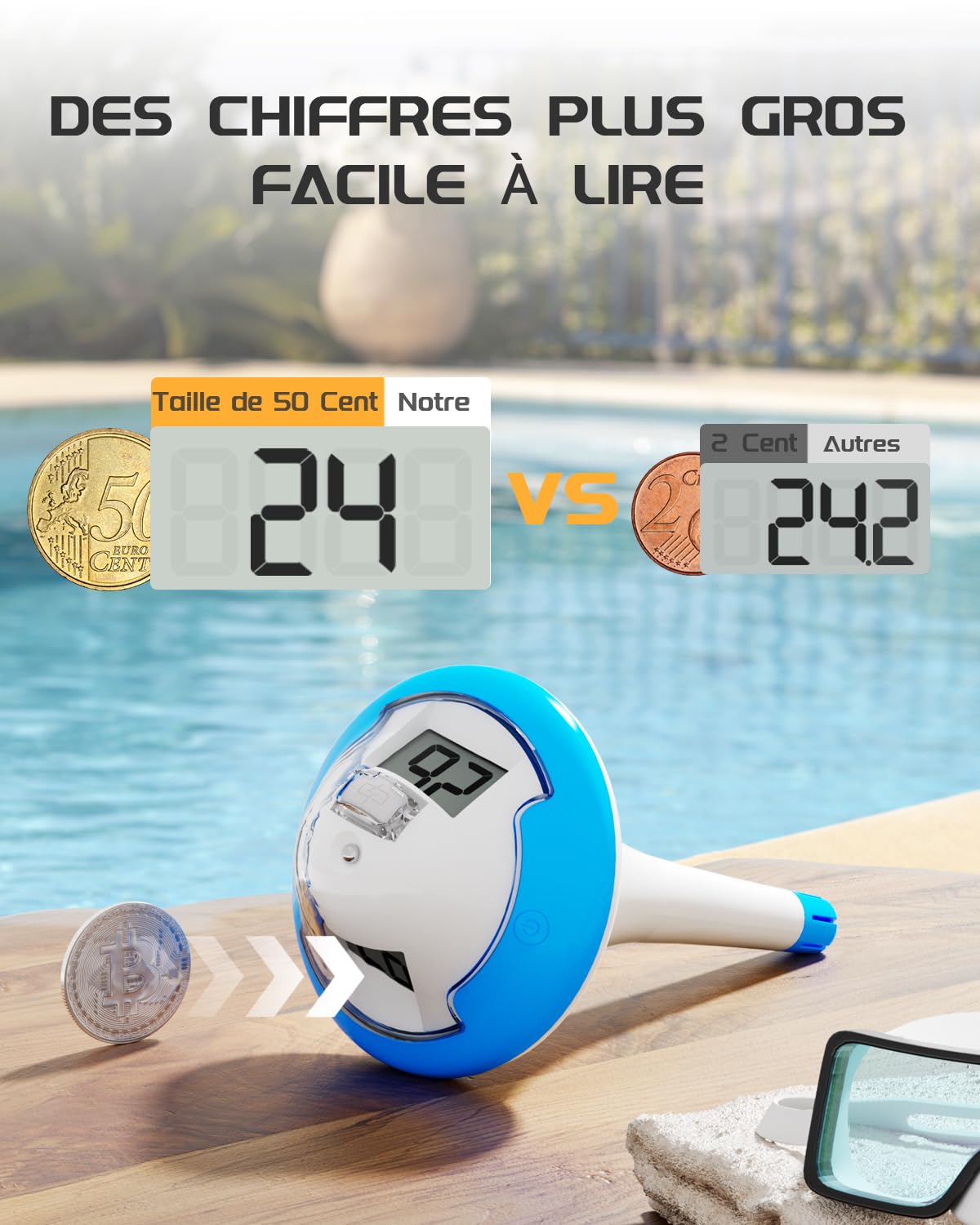 BALDR Pool Thermometer Funk, Wiederaufladbares Poolthermometer schwimmend mit zwei Digital Bildschirmen und großen Ziffern für Schwimmbecken, Whirlpool, heiße Quelle, Aquarium (Blau)