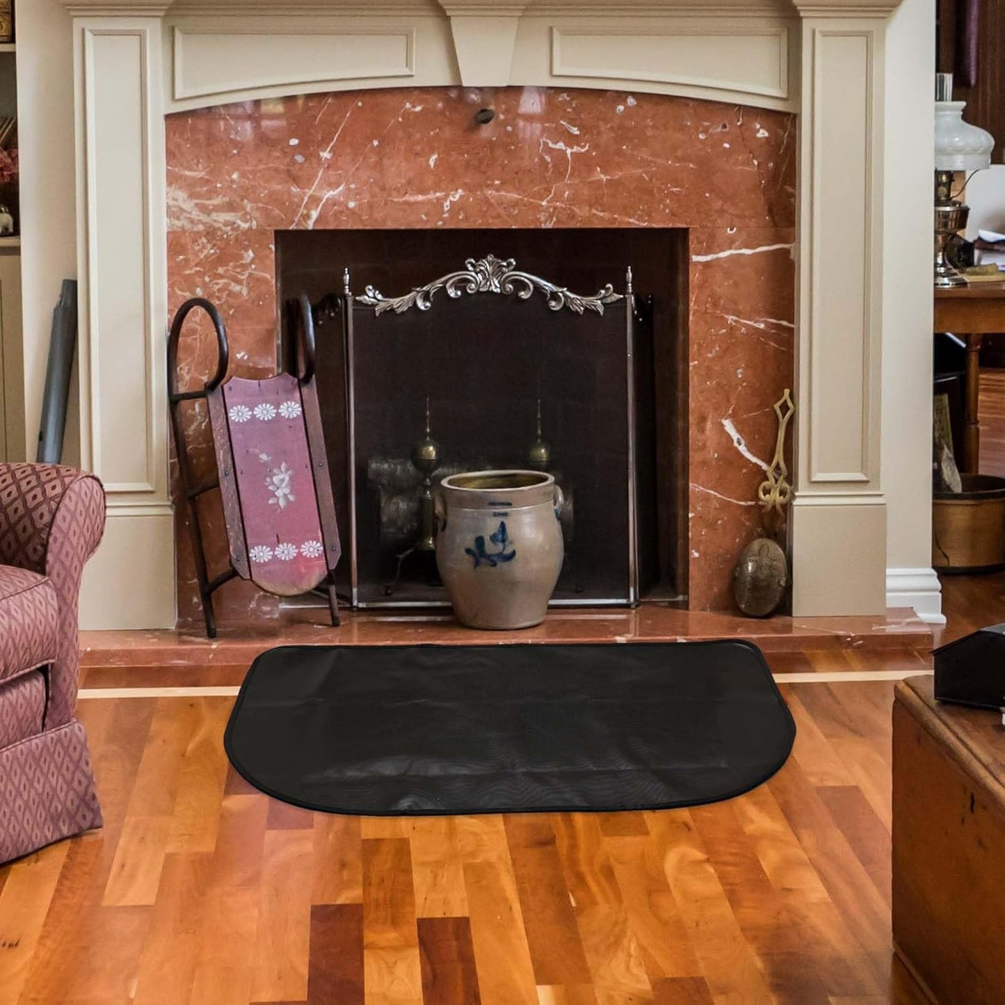 NQEUEPN Kaminmatte, 122x61cm Halbrund Feuerbeständiger Bodenbelags Schutz Hitzebeständige Untergrillmatte für Holzofen im Innen- und Außenbereich (Schwarz)