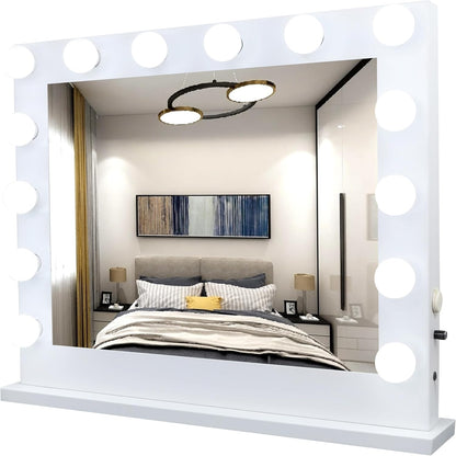 Meidom Hollywood -Spiegel mit Beleuchtung, 80 x 67 cm, mit 14 Lampen, abnehmbar, von USB, 6500 K, Dimmen, ein großer Spiegel für Make -up mit Beleuchtung, Ober- oder Wandgriff, weiß