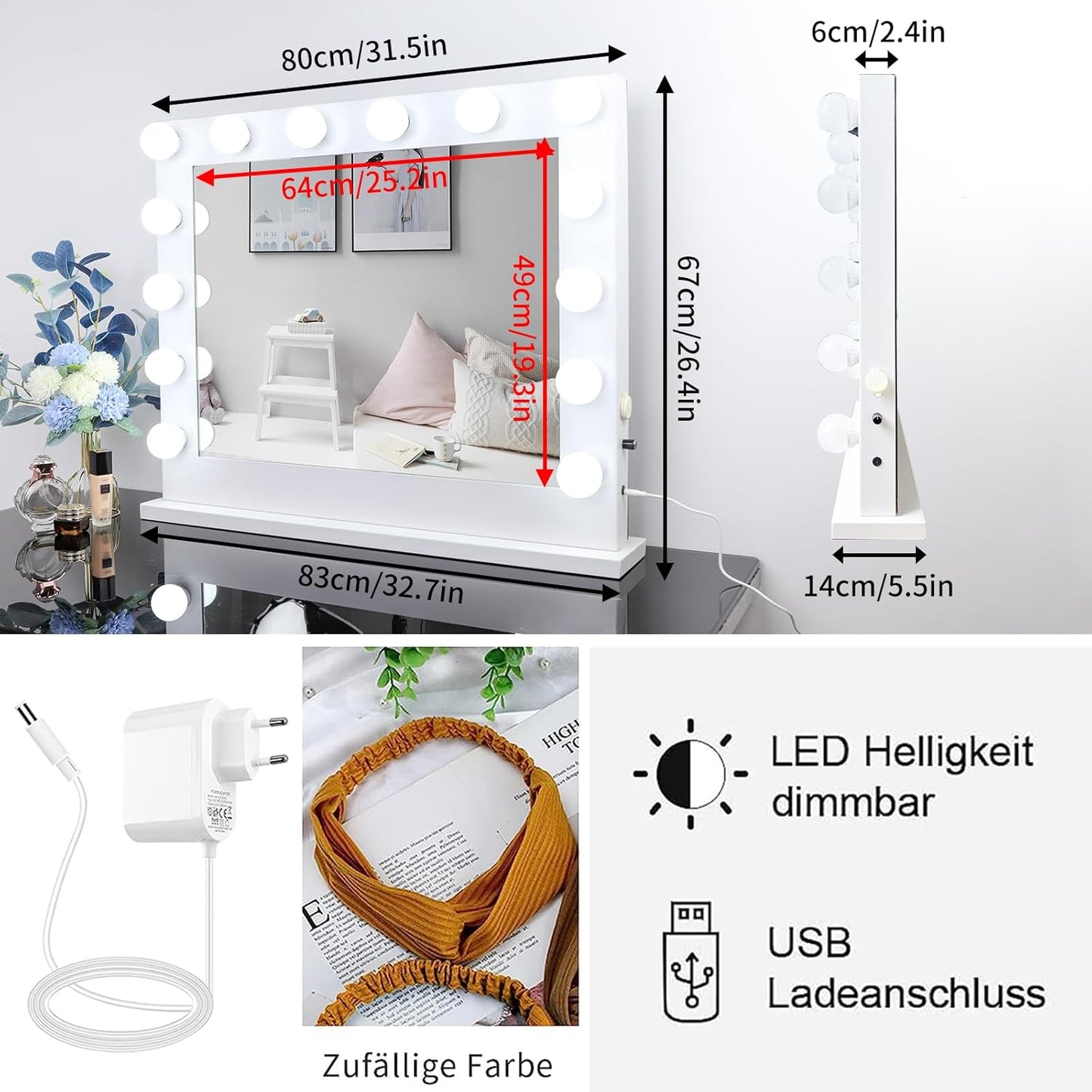 Meidom Hollywood -Spiegel mit Beleuchtung, 80 x 67 cm, mit 14 Lampen, abnehmbar, von USB, 6500 K, Dimmen, ein großer Spiegel für Make -up mit Beleuchtung, Ober- oder Wandgriff, weiß
