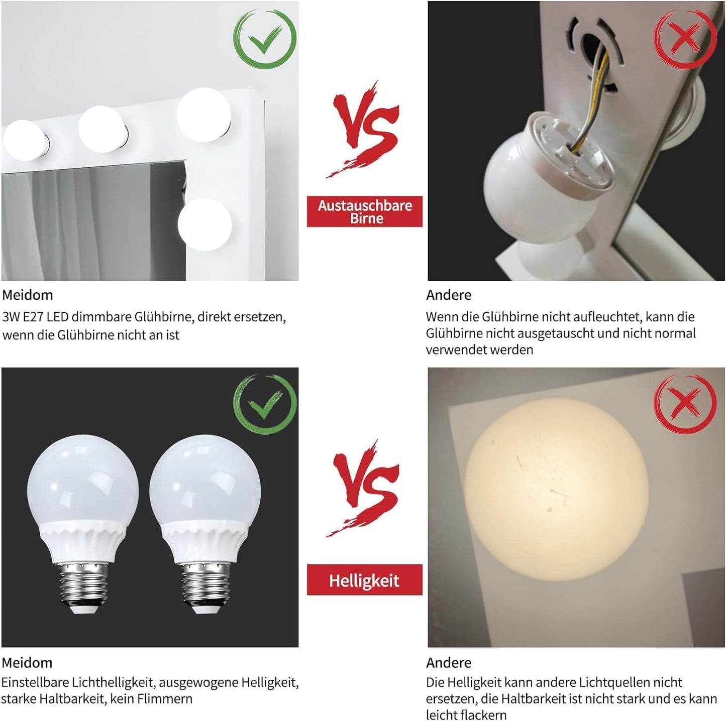 Meidom Hollywood -Spiegel mit Beleuchtung, 80 x 67 cm, mit 14 Lampen, abnehmbar, von USB, 6500 K, Dimmen, ein großer Spiegel für Make -up mit Beleuchtung, Ober- oder Wandgriff, weiß