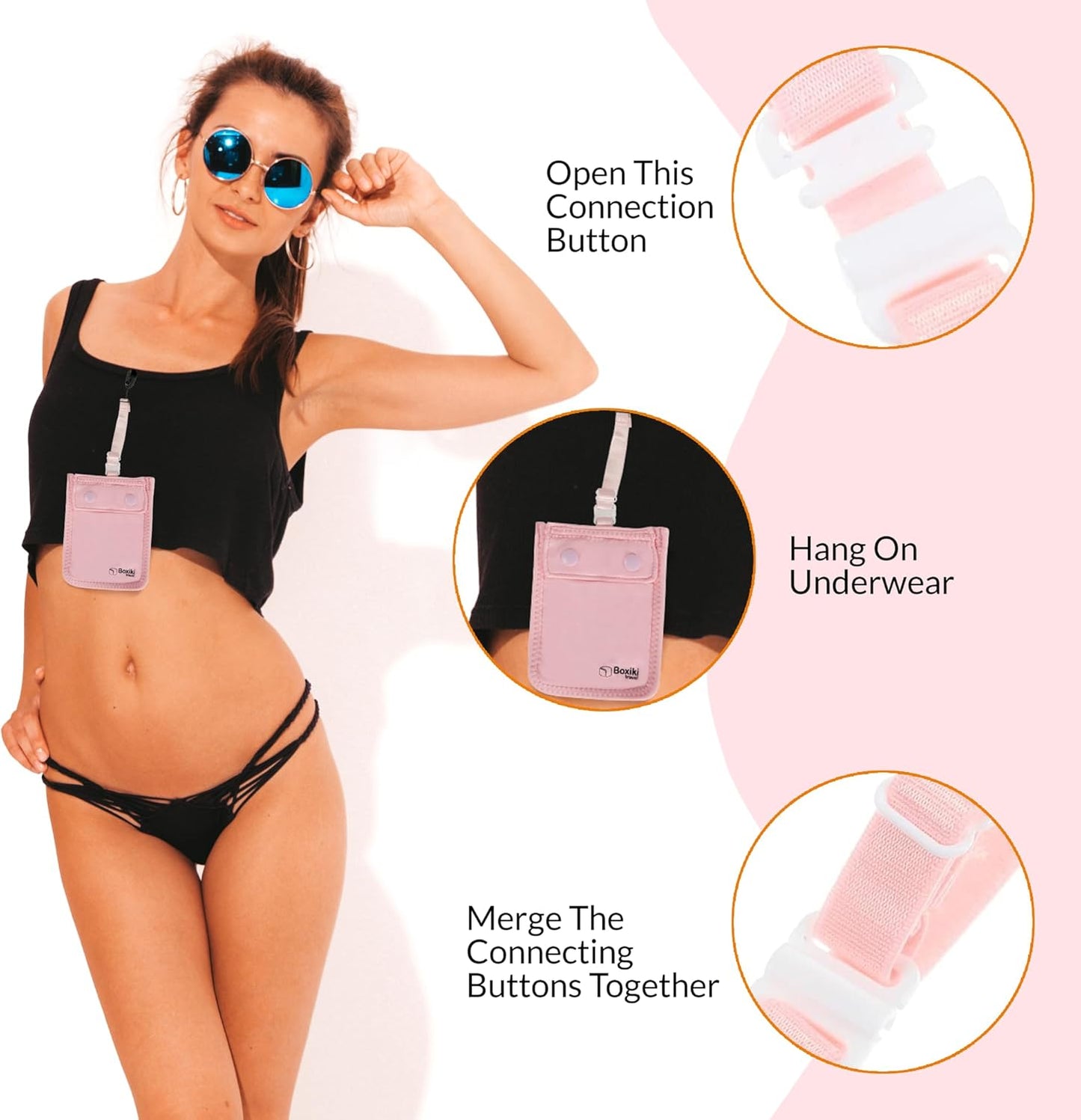 Boxiki Reise geheimes Reisebrieftasche für Frauen Reggio Emilia - versteckte Tasche für Pass, Geld und Werte - geeignet für alle BHs von Bra - Pink