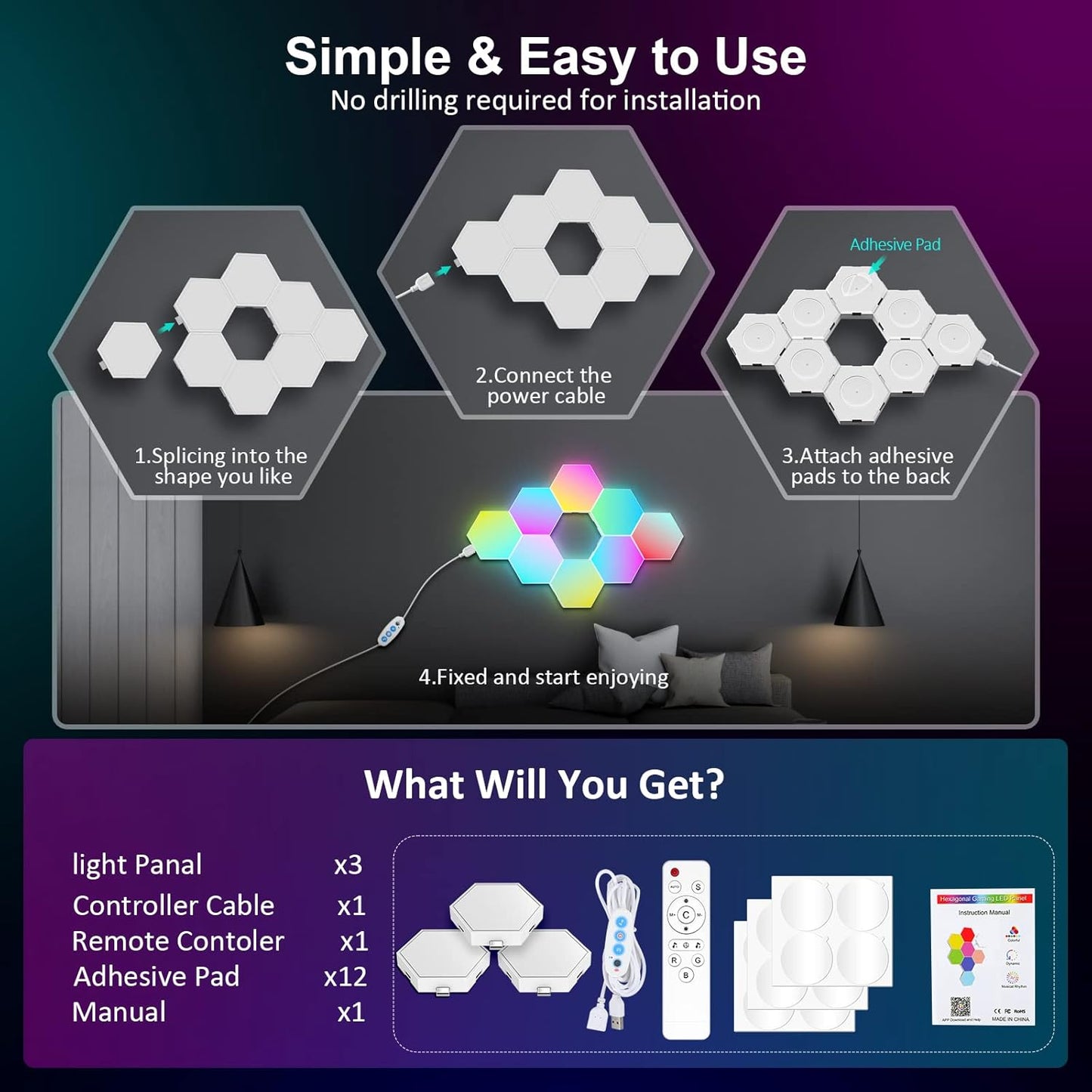 Kimimara Hexagonal Wall Wall Lights - 3 Stcs LED -Paneel