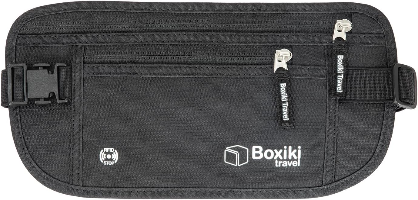 Boxiki Travel Black Marsupio Schwarzer Tarker + 8 Marine Blue RFID -Umschläge (6 Kreditkartenumschläge + 2 Passumschläge)