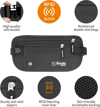 Boxiki Travel Black Marsupio Schwarzer Tarker + 8 Marine Blue RFID -Umschläge (6 Kreditkartenumschläge + 2 Passumschläge)