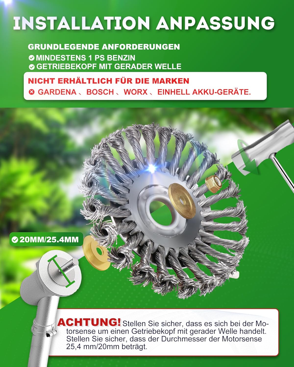 Profi Unkrautbürste für Freischneider - Wildkrautbürste für Motorsense, Runde Twist Wire Wheel Bürste, 25,4 x 150 mm, mit Kontermutter…