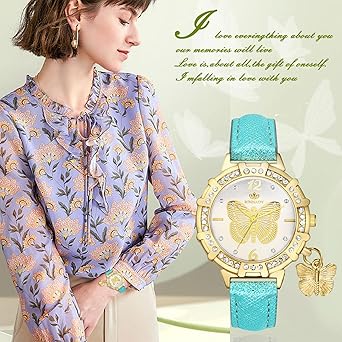 Avaner Damen Uhr Leder Armband Bohemian Schmetterling Butterfly Anhänger Glänzendes PU Leder Analoge Damenuhr Orange für Frauen