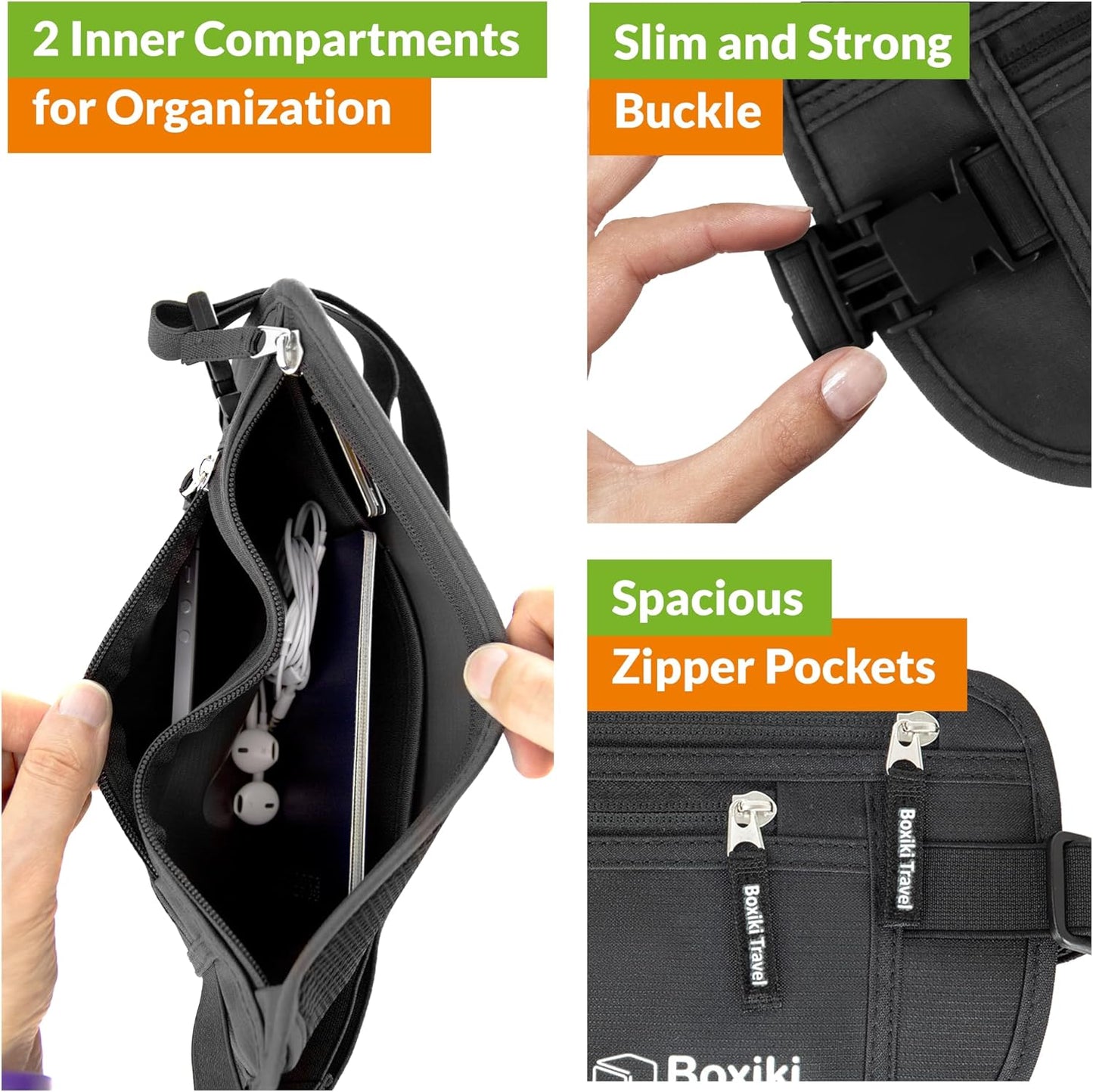 Boxiki Travel Black Marsupio Schwarzer Tarker + 8 Marine Blue RFID -Umschläge (6 Kreditkartenumschläge + 2 Passumschläge)