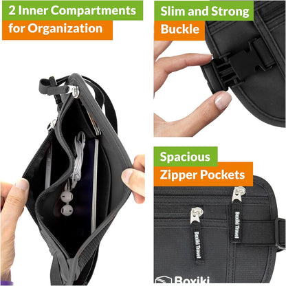 Boxiki Travel Black Marsupio Schwarzer Tarker + 8 Marine Blue RFID -Umschläge (6 Kreditkartenumschläge + 2 Passumschläge)