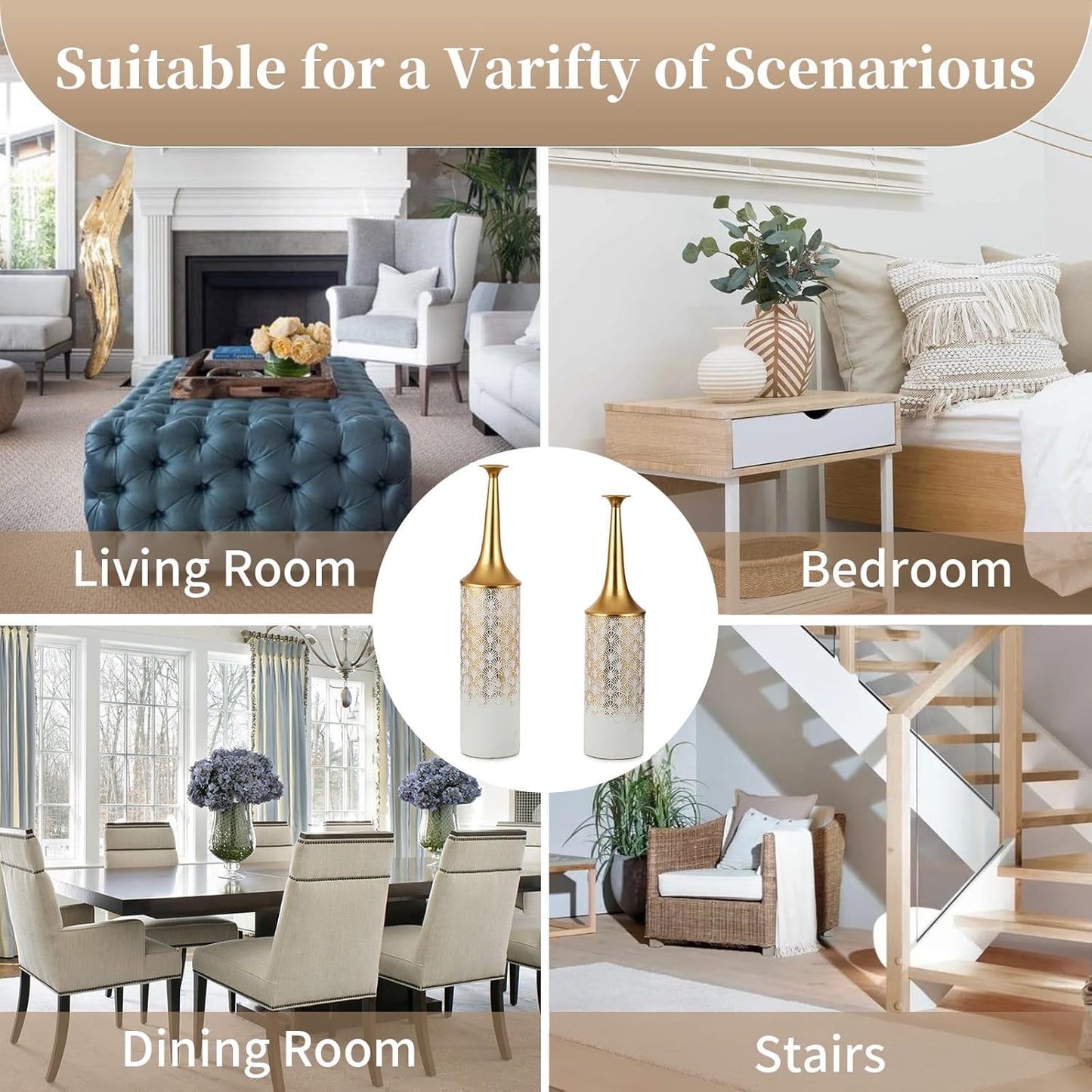 Sziqiqi Weiß Hoch Boden Vase Set - 66/60cm Extra Gross Bodenvase Große Vintage Blumenvase für Pampas Gras Federn Zweige Metall Schmale Hals Vasen für Wohnzimmer Schlafzimmer Tischdekoration