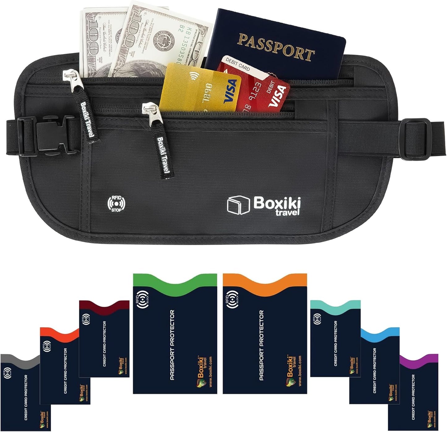 Boxiki Travel Black Marsupio Schwarzer Tarker + 8 Marine Blue RFID -Umschläge (6 Kreditkartenumschläge + 2 Passumschläge)