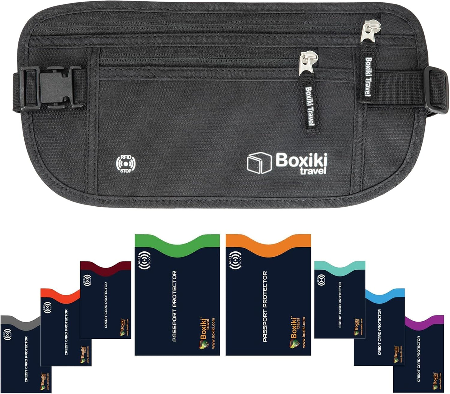 Boxiki Travel Black Marsupio Schwarzer Tarker + 8 Marine Blue RFID -Umschläge (6 Kreditkartenumschläge + 2 Passumschläge)