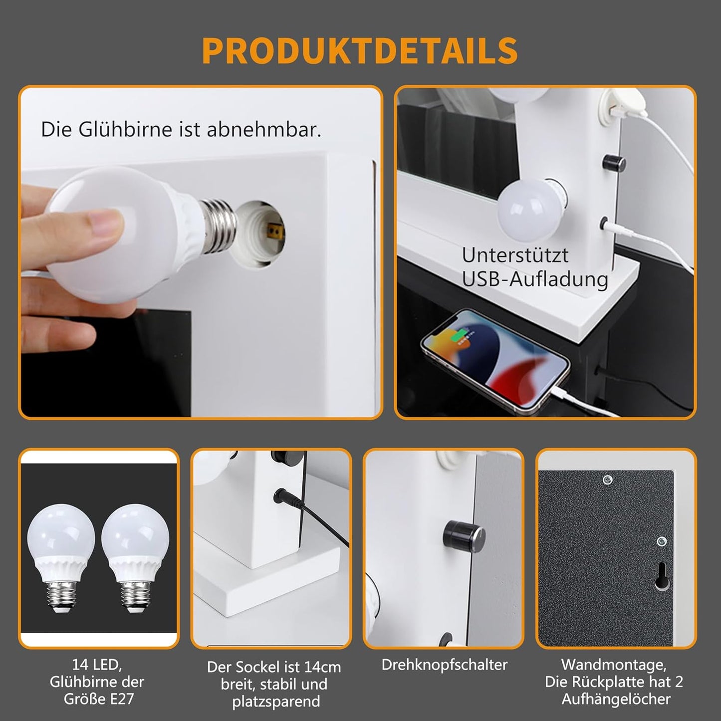 Meidom Hollywood -Spiegel mit Beleuchtung, 80 x 67 cm, mit 14 Lampen, abnehmbar, von USB, 6500 K, Dimmen, ein großer Spiegel für Make -up mit Beleuchtung, Ober- oder Wandgriff, weiß