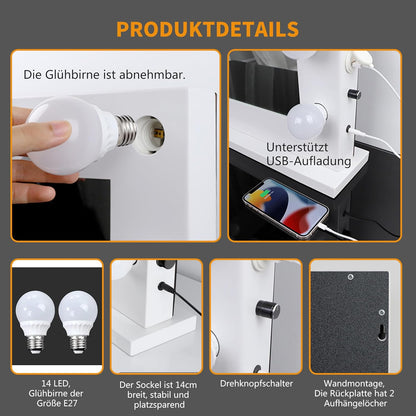 Meidom Hollywood -Spiegel mit Beleuchtung, 80 x 67 cm, mit 14 Lampen, abnehmbar, von USB, 6500 K, Dimmen, ein großer Spiegel für Make -up mit Beleuchtung, Ober- oder Wandgriff, weiß