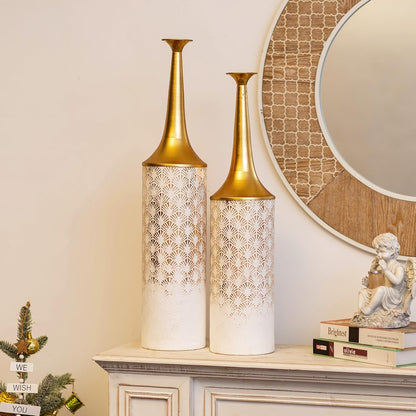 Sziqiqi Weiß Hoch Boden Vase Set - 66/60cm Extra Gross Bodenvase Große Vintage Blumenvase für Pampas Gras Federn Zweige Metall Schmale Hals Vasen für Wohnzimmer Schlafzimmer Tischdekoration