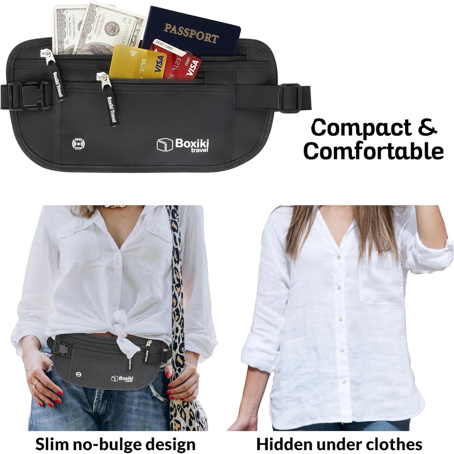 Boxiki Travel Black Marsupio Schwarzer Tarker + 8 Marine Blue RFID -Umschläge (6 Kreditkartenumschläge + 2 Passumschläge)